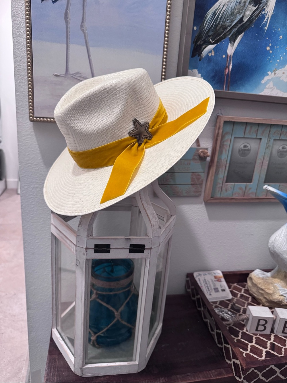 Charlie Horse Lone Star Premier White Straw Hat with Mustard Ribbon and Star Pin